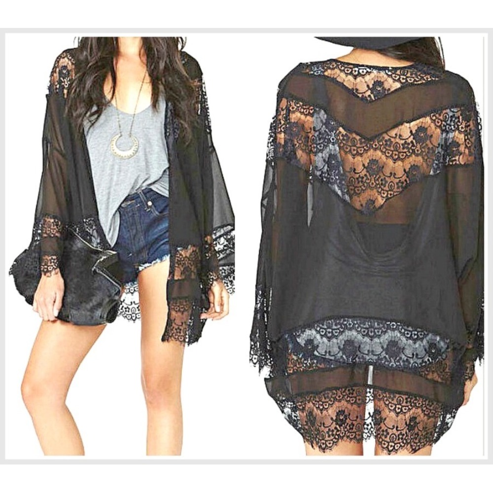 Black Sheer Lace Kimono Cardigan Open Front Boho Duster OS